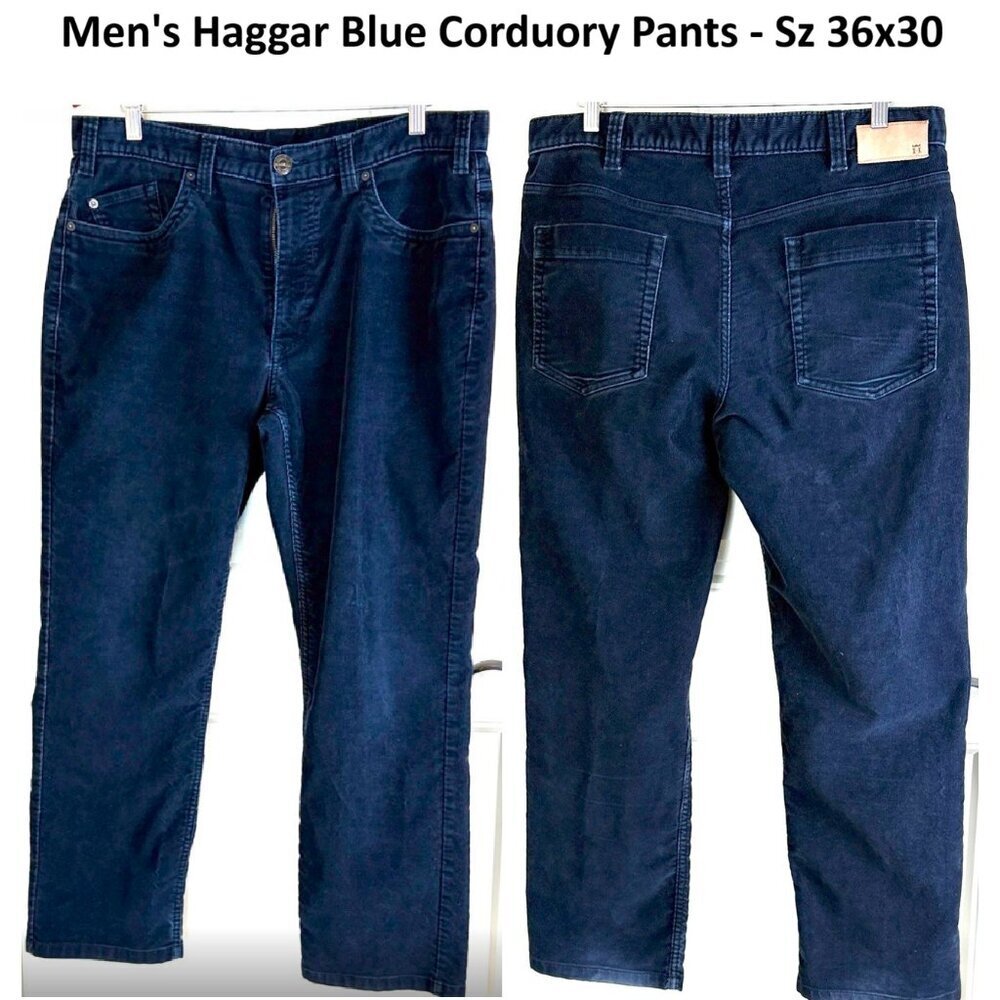 Haggar Corduroy Pants Men 36x30 Blue Classic Fit Stretch Straight Leg